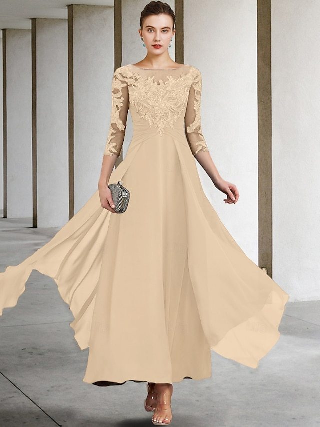 a-line ankle-length mother of the bride dress wedding guest dress cocktail dress jewel neck 3/4 sleeves chiffon lace elegant, supplier image 19