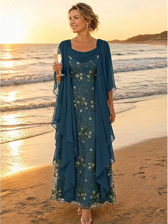 a-line mother of the bride dresses ankle length chiffon lace with beading 3/4 length sleeve elegant, supplier image 10