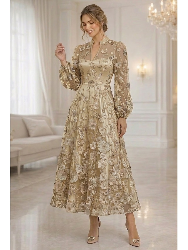 a-line mother of the bride dresses ankle length lace tulle with 3d flowers long sleeve v neck, supplier image 12