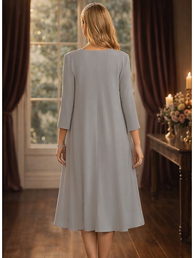 Mother of the Bride Dresses Wedding Guest Dresses Knee Length with Solid Color Long Sleeve Crew Neck