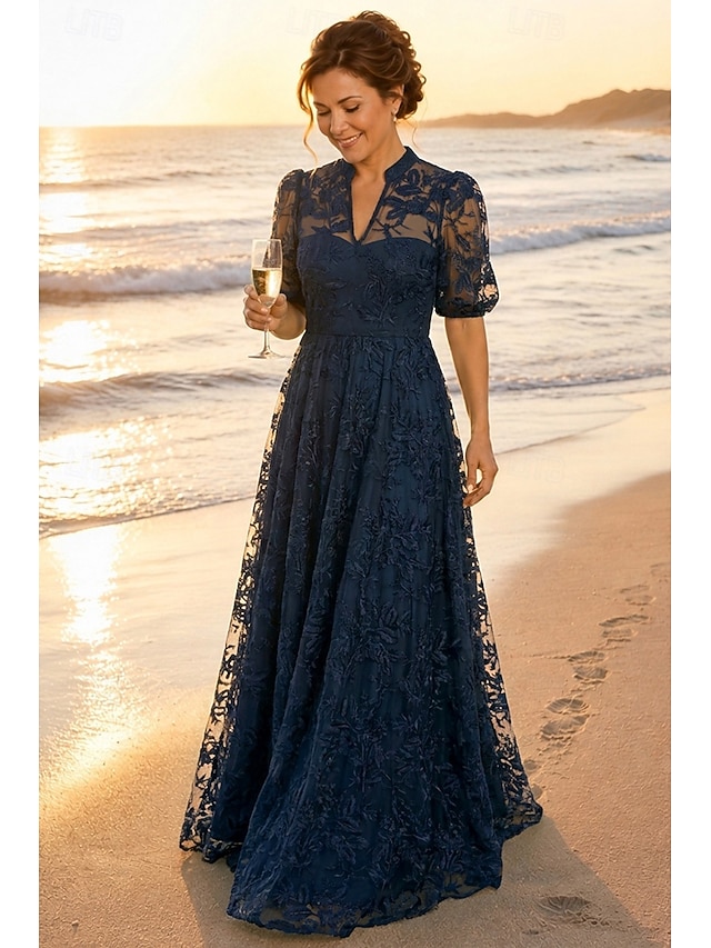 a-line mother of the bride dresses floor length lace with embroidery short sleeve high neck v neck, supplier image 1