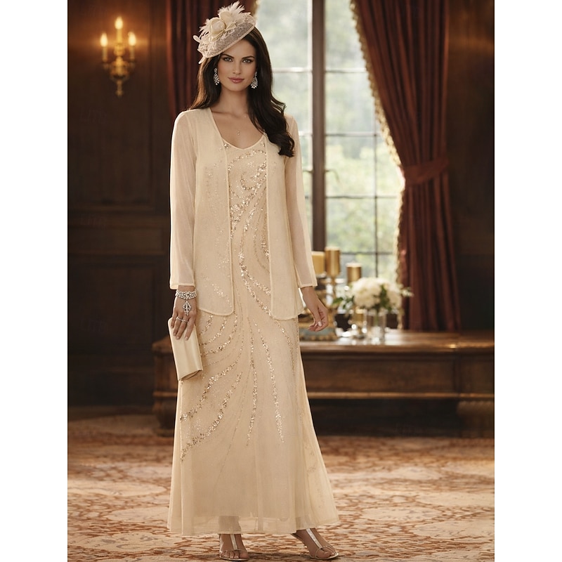 Two Piece Sheath Column Ankle Length Beaded Eembroidered Wedding Guest Dress Formal Dresses Mother of the Bride Dress