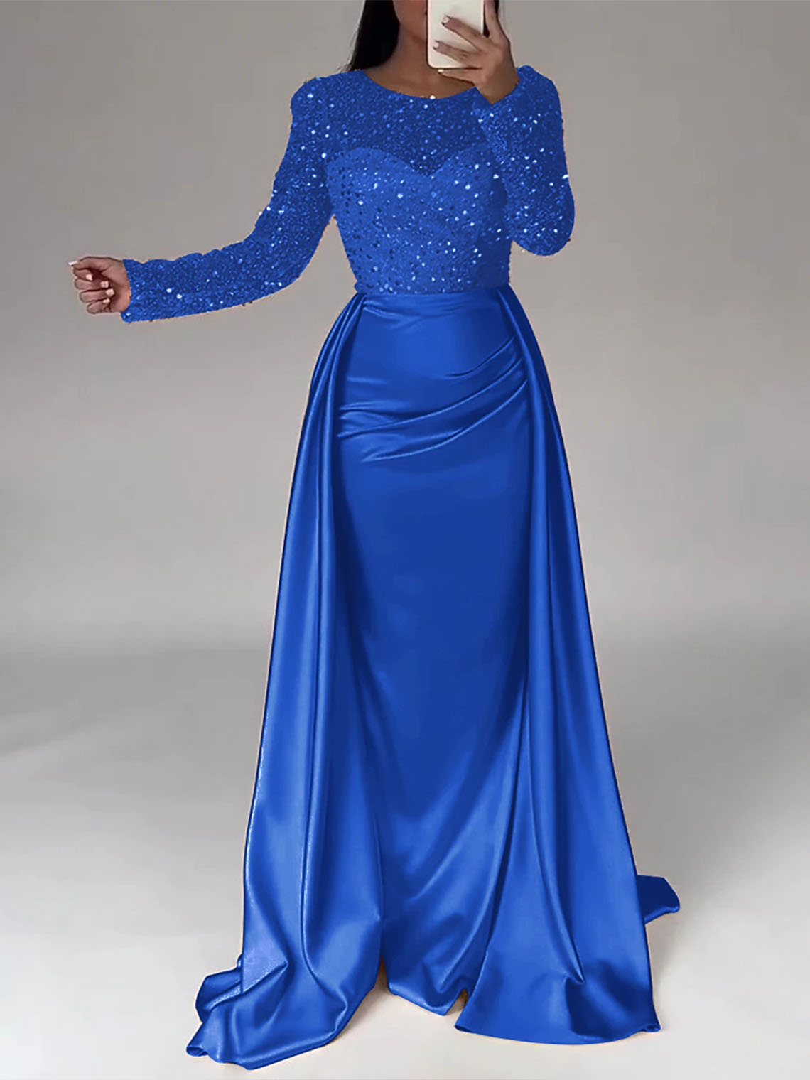 Mermaid Sequin Satin Long Sleeves with Pearls Long Evening Dress