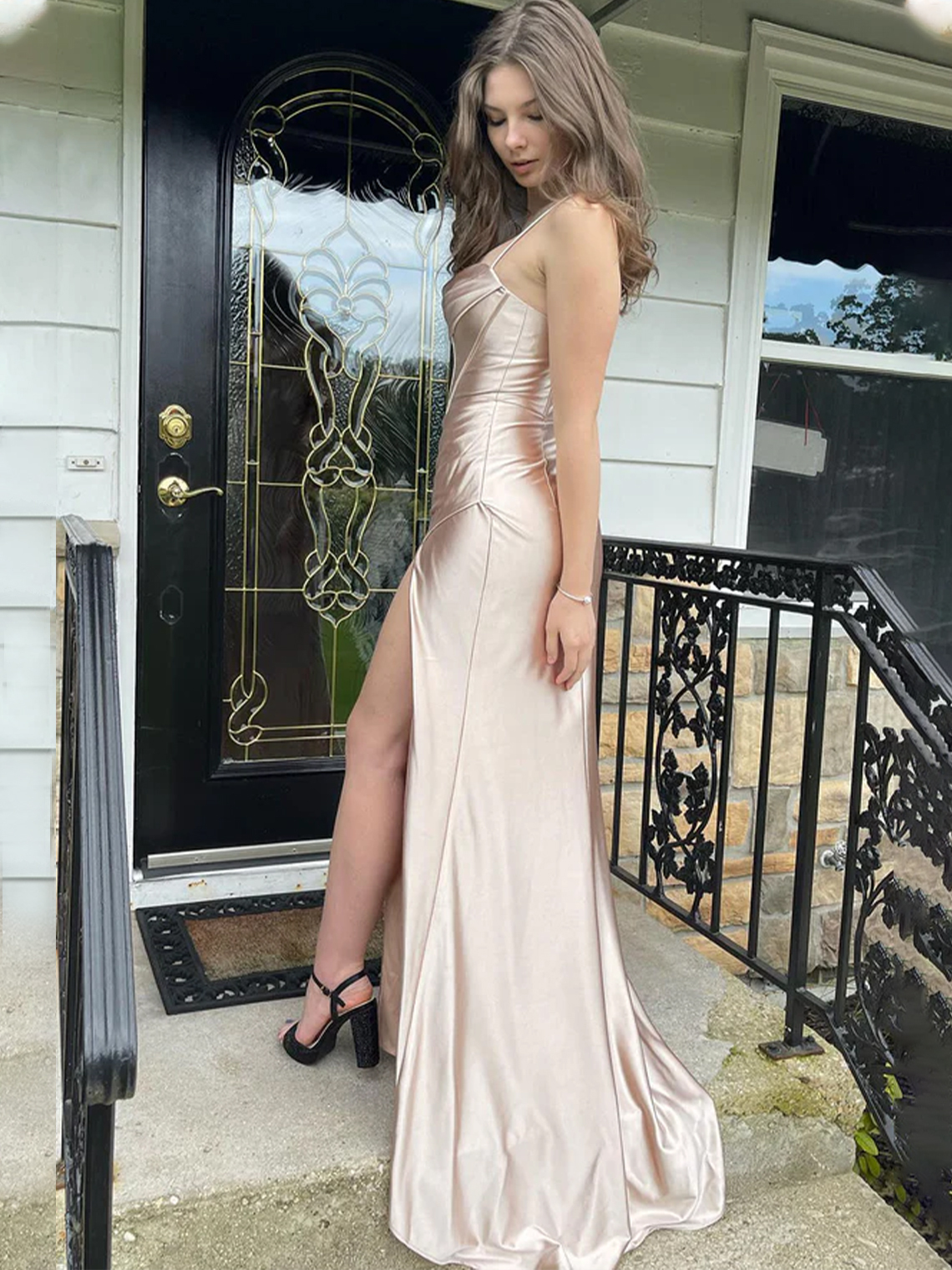 Mermaid Spaghetti Straps Satin Sweep Train with High Slit Prom Dress