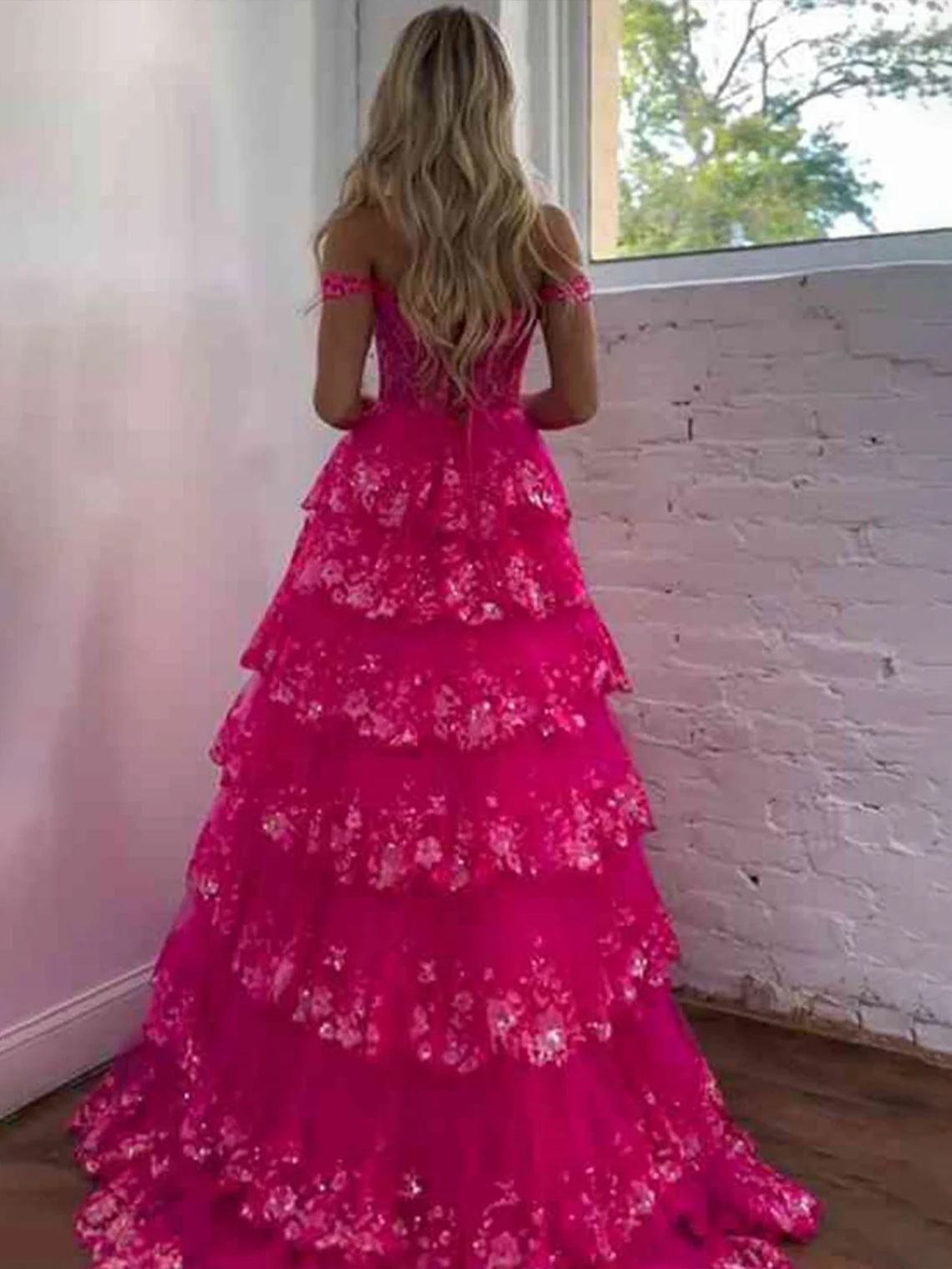 A Line Off the Shoulder with Appliques Long Prom Dress