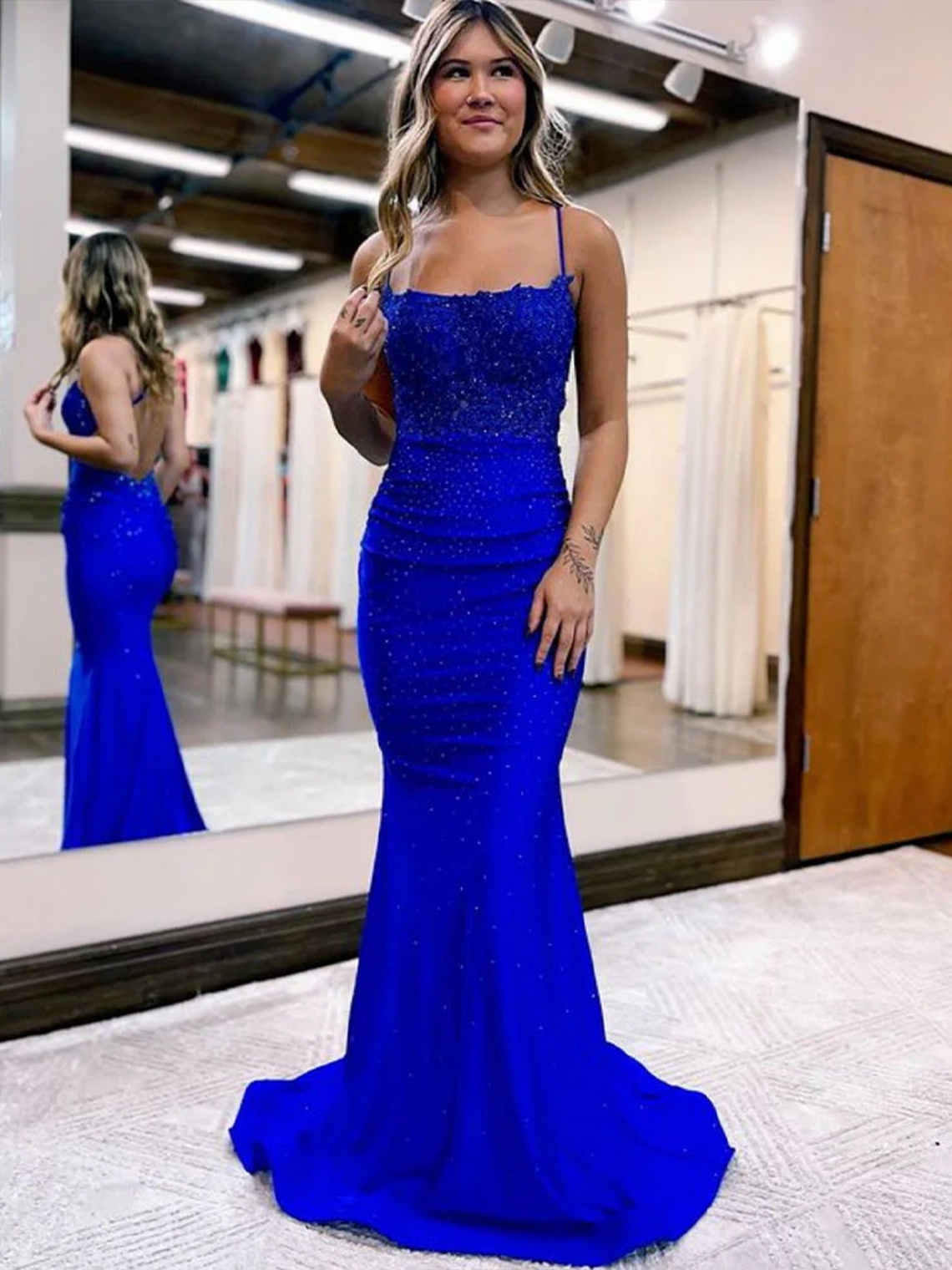 Mermaid Sleeveless Backless with Appliques Long Tight Prom Dress
