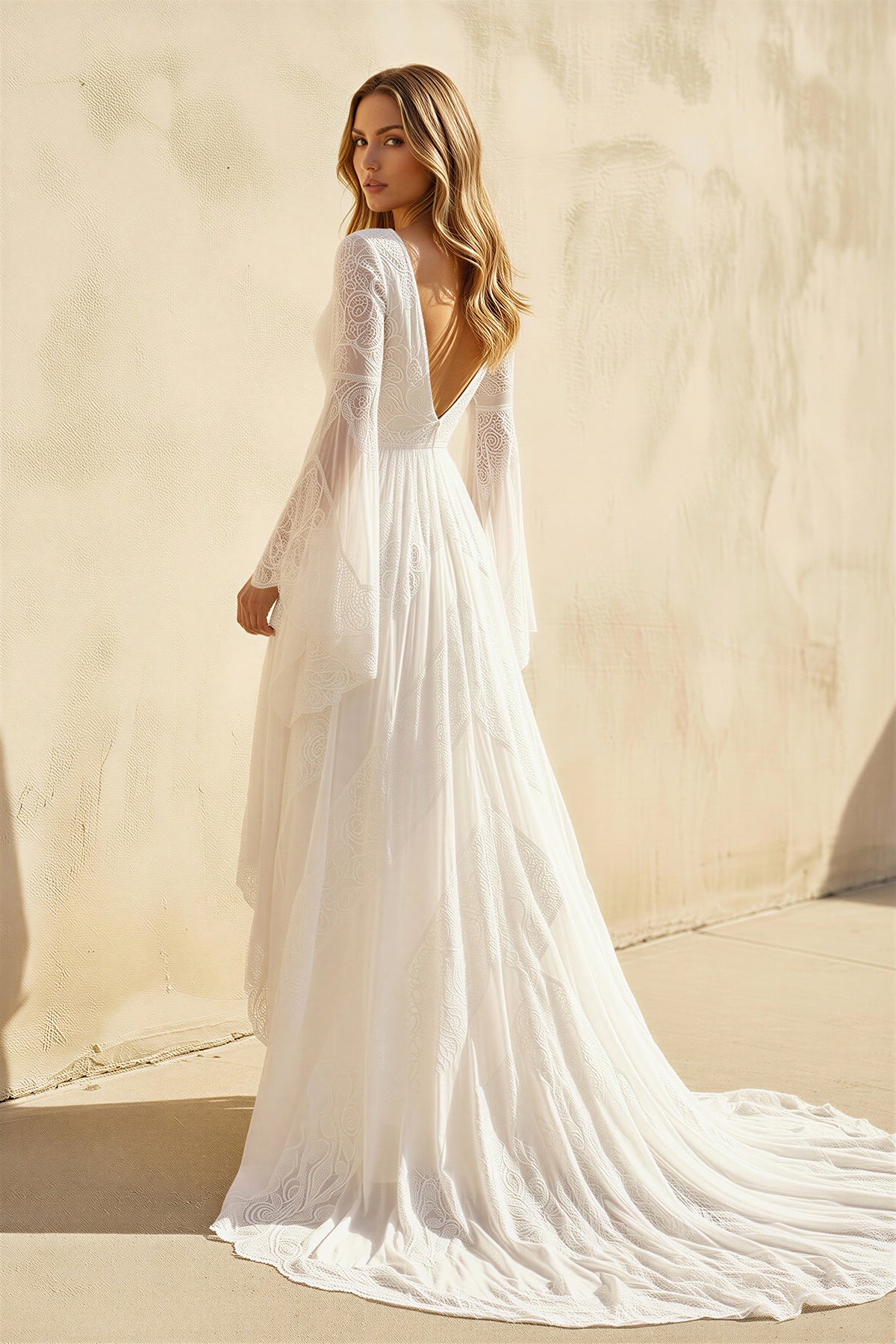 Simple Casual Long Sleeves Boho Lace Wedding Dresses With Sweep Train