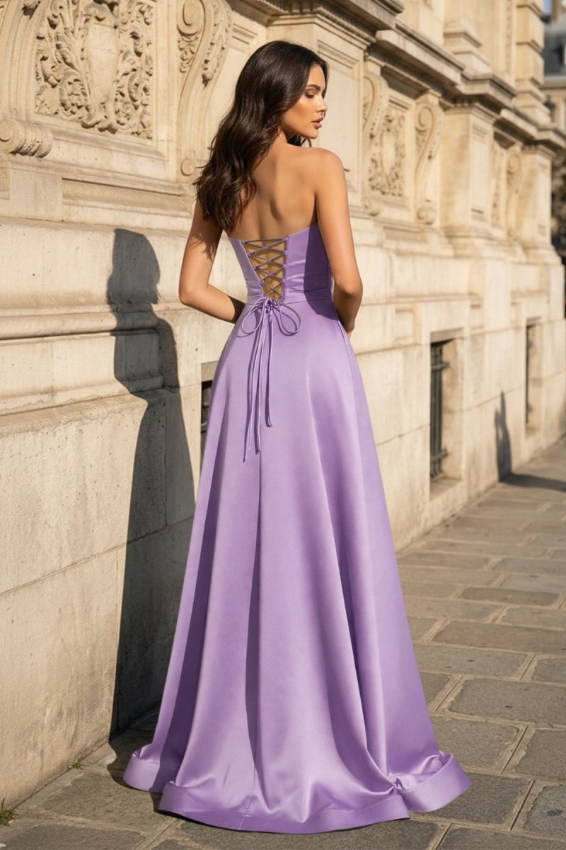 A Line Black Strapless Satin Prom Dresses With Slit Evening Dresses, product image 17