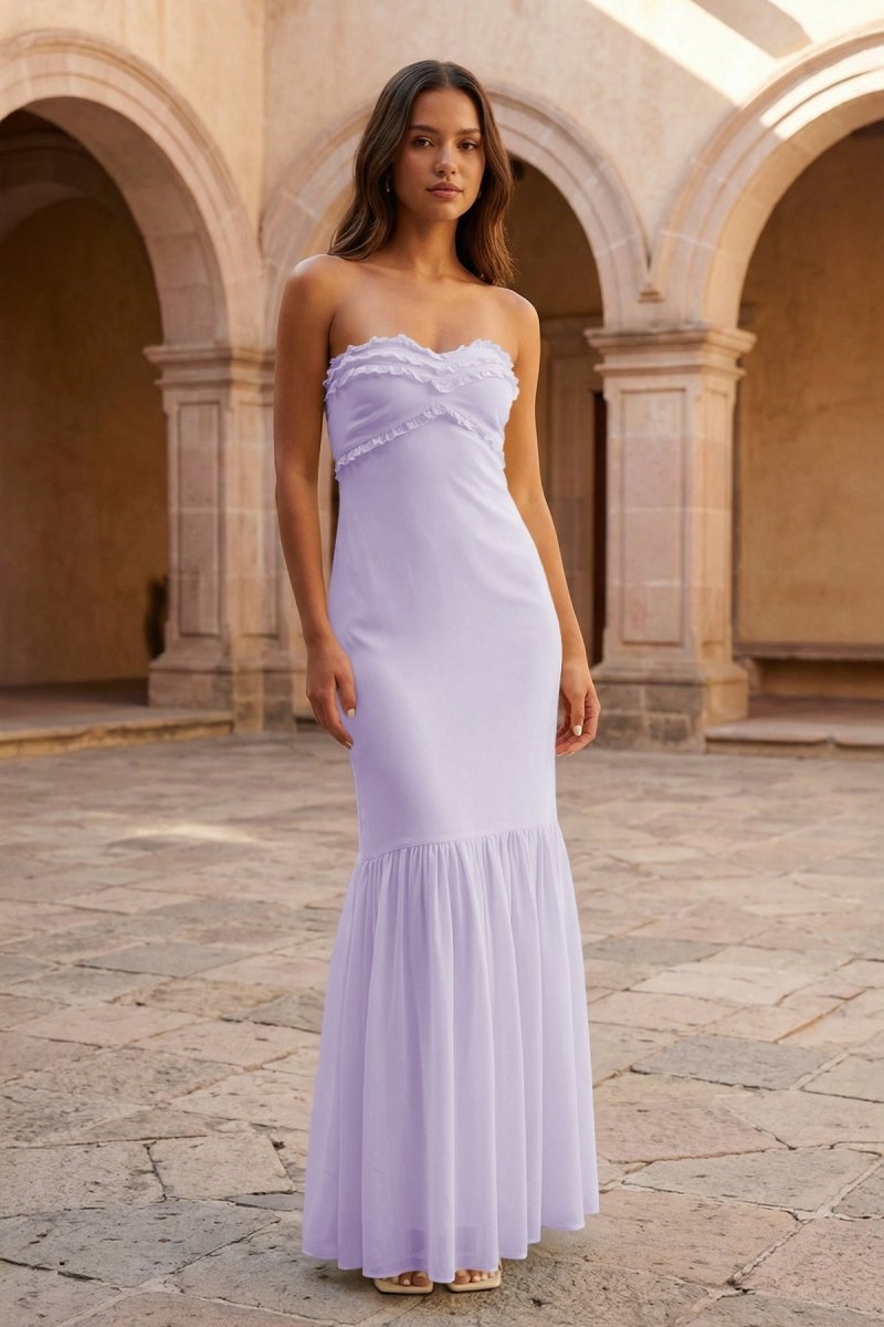 Yellow Strapless Sheath Chiffon Long Prom Dresses With Ruffles Evening Dresses, product image 9