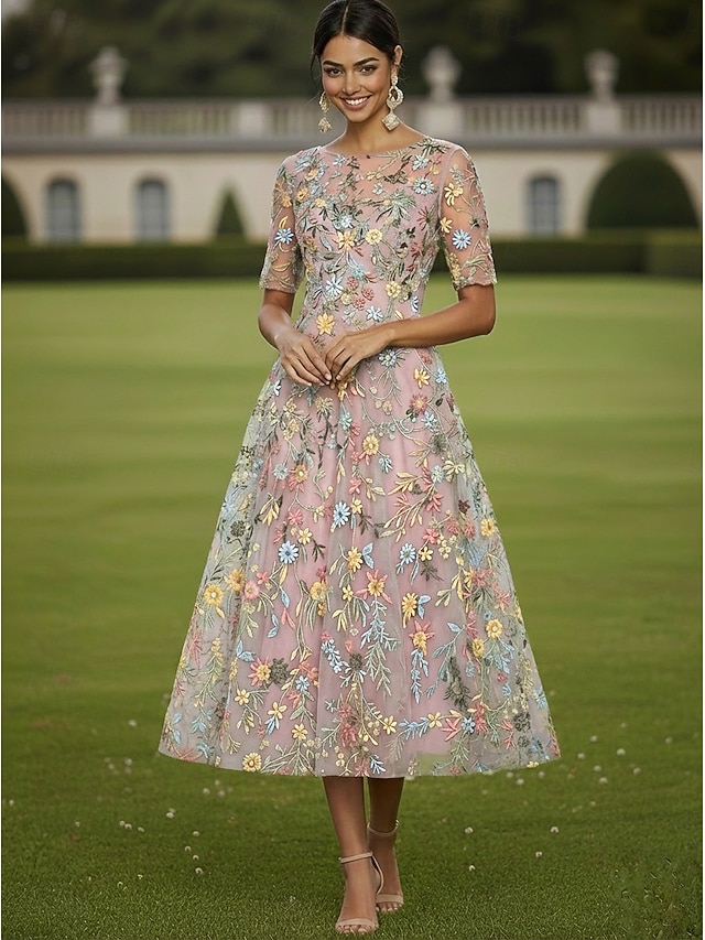 a-line floor length mother of the bride dresses cocktail dresses party dresses half sleeve plunging neck elegant vintage luxurious tulle, supplier image 17