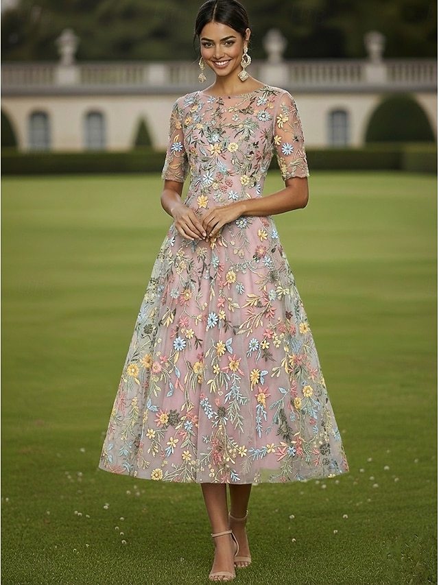 a-line floor length mother of the bride dresses cocktail dresses party dresses half sleeve plunging neck elegant vintage luxurious tulle, supplier image 17