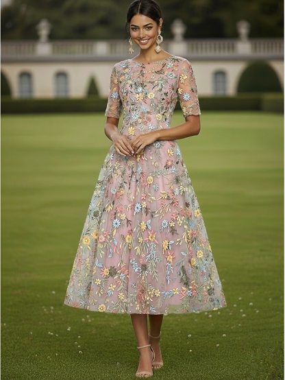 A-Line Floor Length Mother of the Bride Dresses Cocktail Dresses Party Dresses Half Sleeve Plunging Neck Elegant Vintage Luxurious Tulle