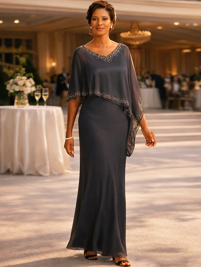 sheath column floor-length mother of the bride dress wedding guest dress evening gown v-neck half sleeves chiffon elegant, supplier image 1