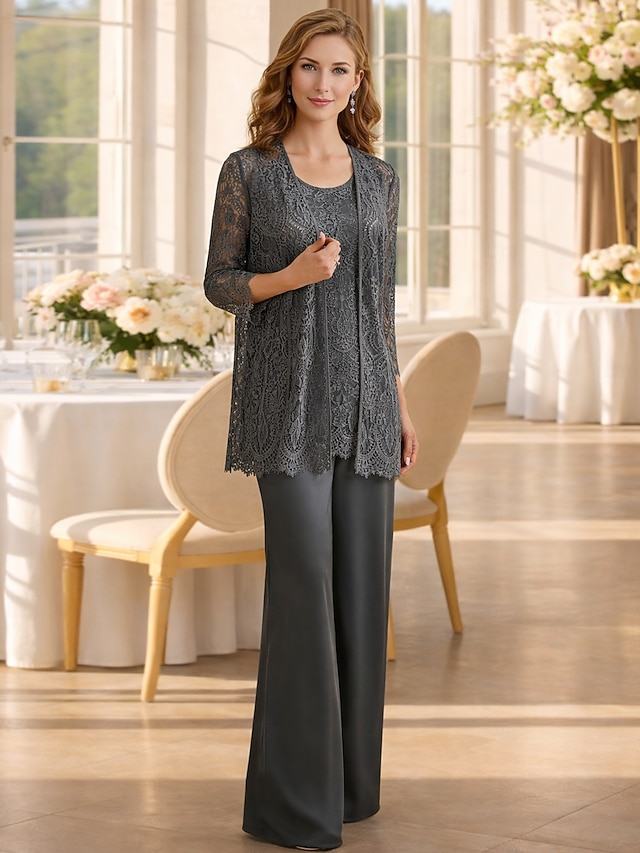 3 piece jumpsuit pantsuit floor-length mother of the bride dress wedding guest dress formal dress jewel neck sleeveless chiffon lace elegant, supplier image 1
