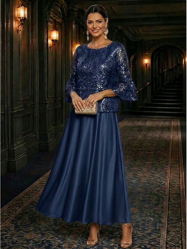 a-line mother of the bride dresses ankle length satin lace with sequin 3/4 length sleeve crew neck, supplier image 6