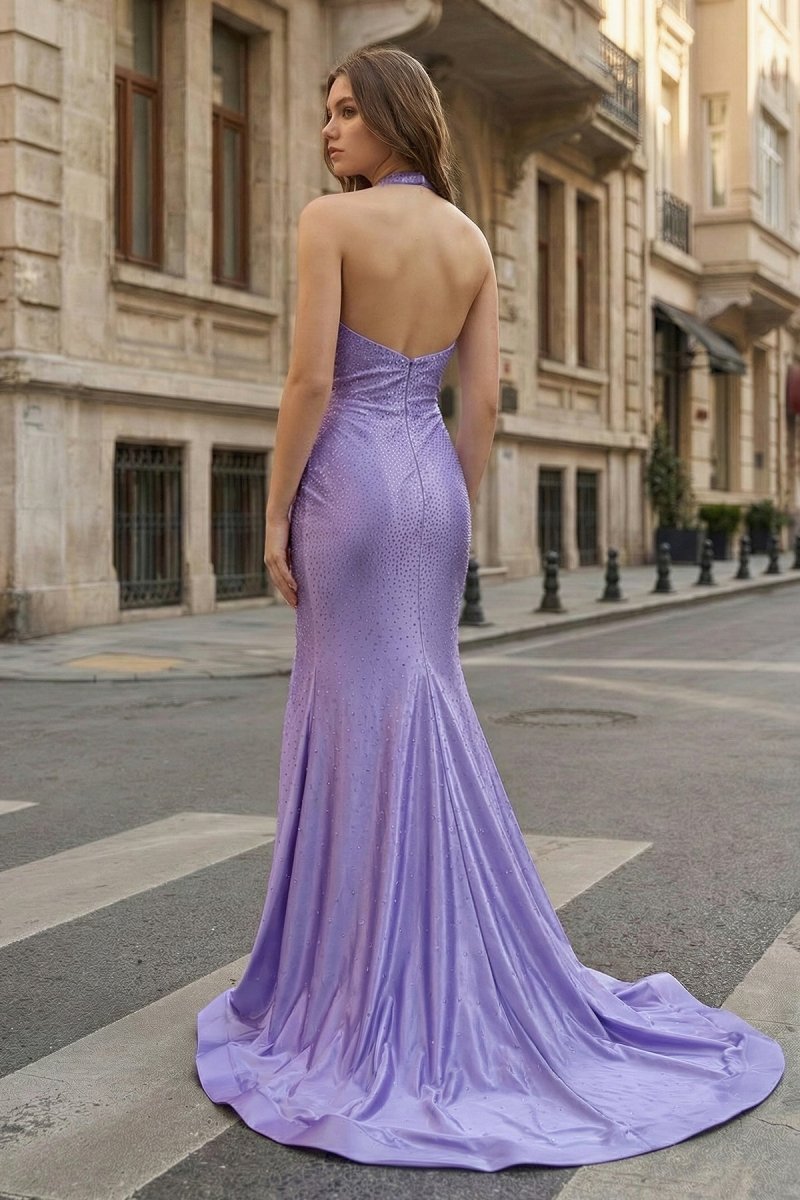 Lilac Halter Mermaid Beaded Satin Long Prom Dresses With Slit Evening Dresses, product image 2