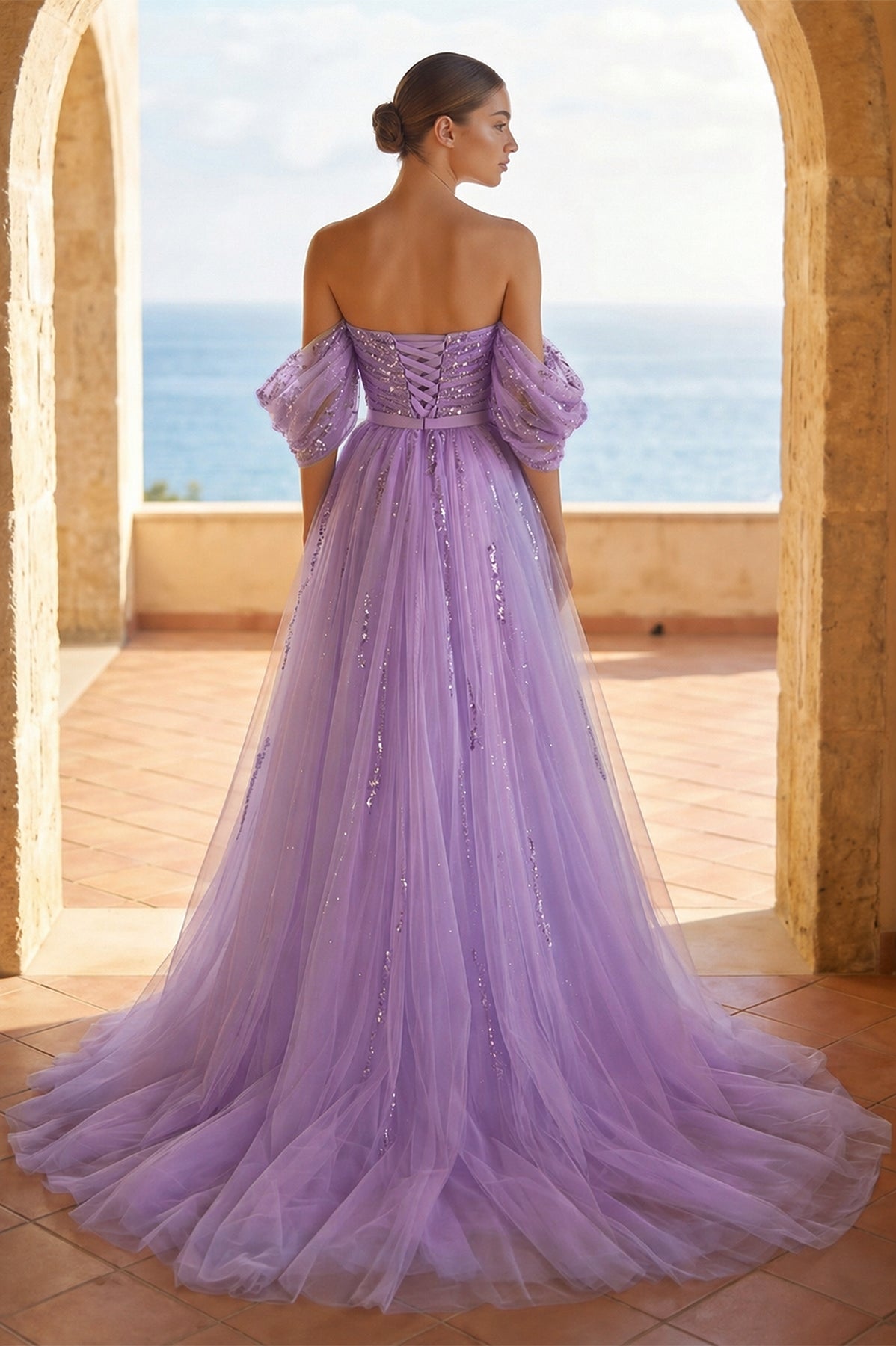 Sheath Sweetheart Prom Dresses Short Sleeve Detachable Sequined with Slit Overskirt Evening Dresses, product image 4