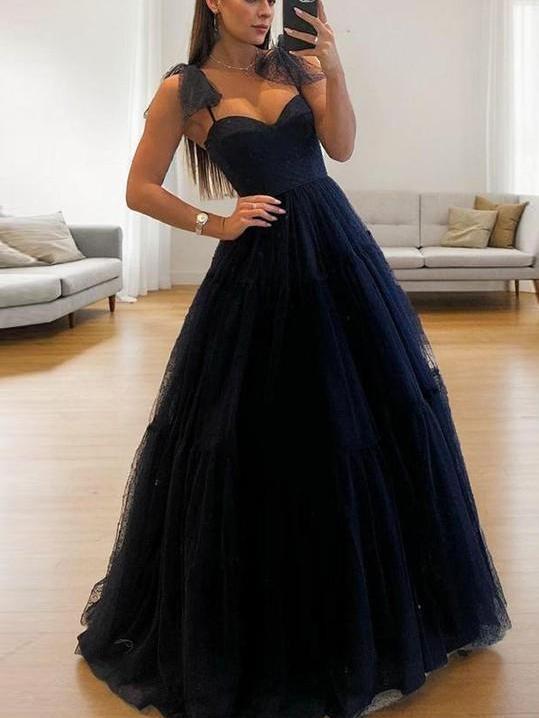 A-line Floor-Length Spaghetti Straps Bow Tulle Prom Dress
