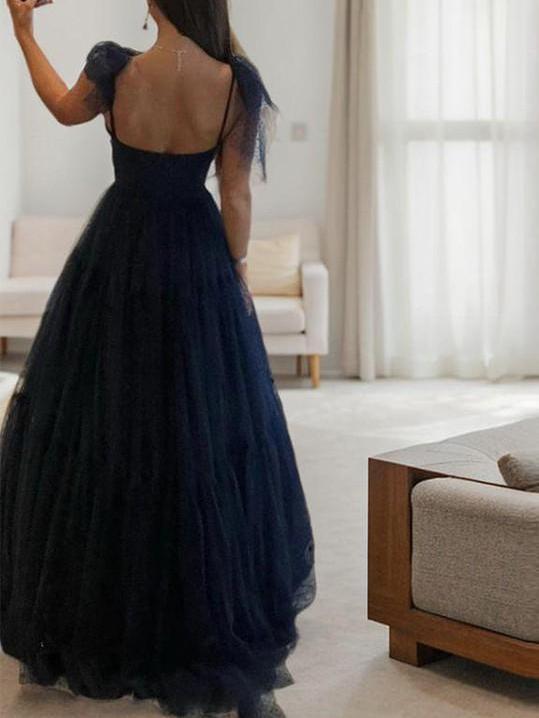 A-line Floor-Length Spaghetti Straps Bow  Tulle Prom Dress