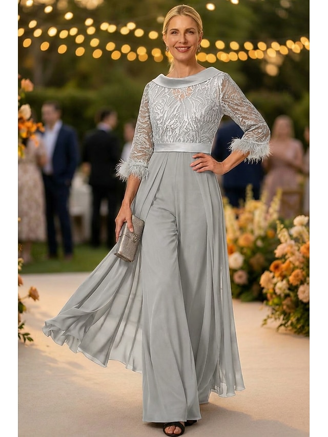 jumpsuit pantsuit mother of the bride dresses floor length chiffon half sleeve jewel neck elegant, supplier image 10