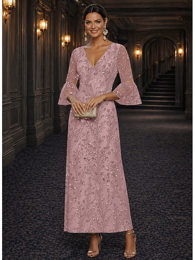 a-line floor length ankle length mother of the bride dresses cocktail dresses long sleeve v neck elegant luxurious sparkle & shine lace with beading, supplier image 3
