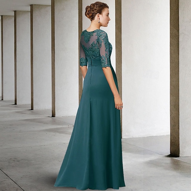sheath column floor-length mother of the bride dress wedding guest dress evening gown jewel neck short sleeves chiffon lace elegant, supplier image 2