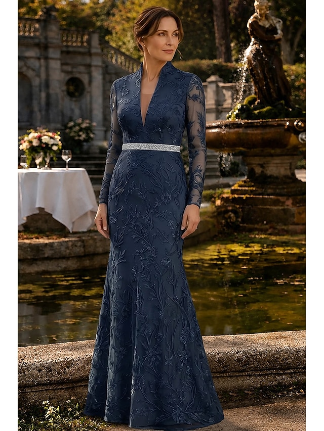 mermaid trumpet mother of the bride dresses floor length lace long sleeve v neck elegant luxurious, supplier image 10