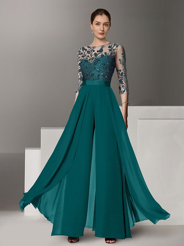 mother of the bride dresses floor length chiffon lace 3/4 length sleeve illusion neck elegant, supplier image 1
