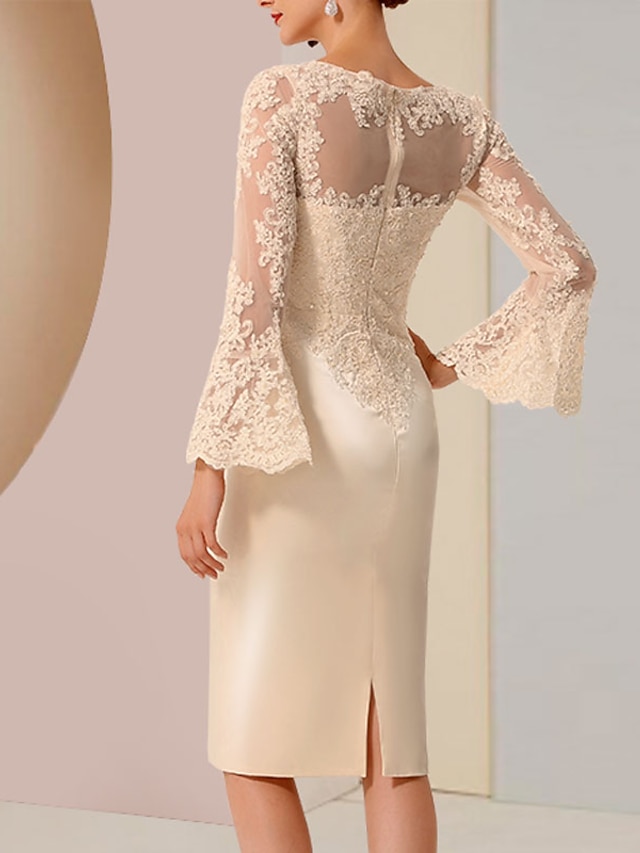sheath column knee length mother of the bride dresses wedding guest dresses cocktail dresses party dresses long sleeve jewel neck elegant vintage lace, supplier image 8