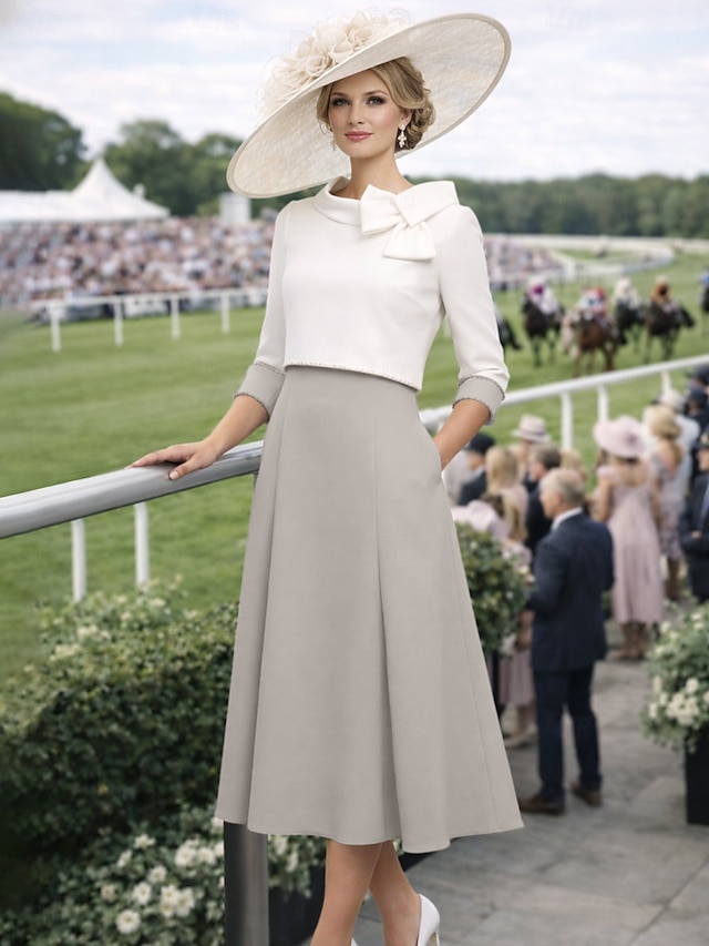 two piece ankle-length mother of the bride dress wedding guest dress jewel neck 3/4 sleeves satin elegant, supplier image 6