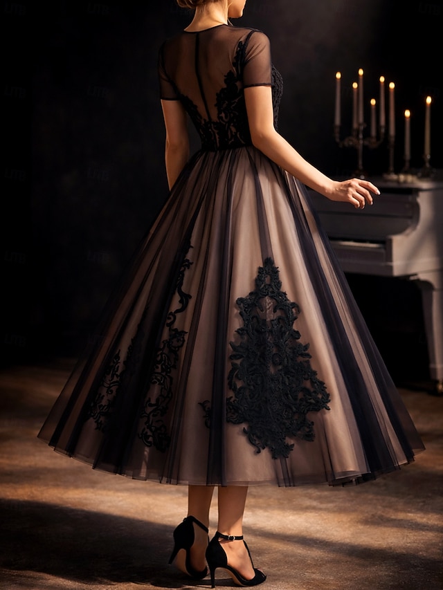 a-line ankle-length wedding guest dress evening gown cocktail dress illusion neck short sleeves lace tulle elegant, supplier image 2