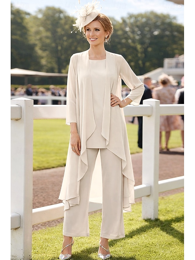 3 piece mother of the bride dresses ankle length chiffon sleeveless bateau neck elegant plus size, supplier image 9