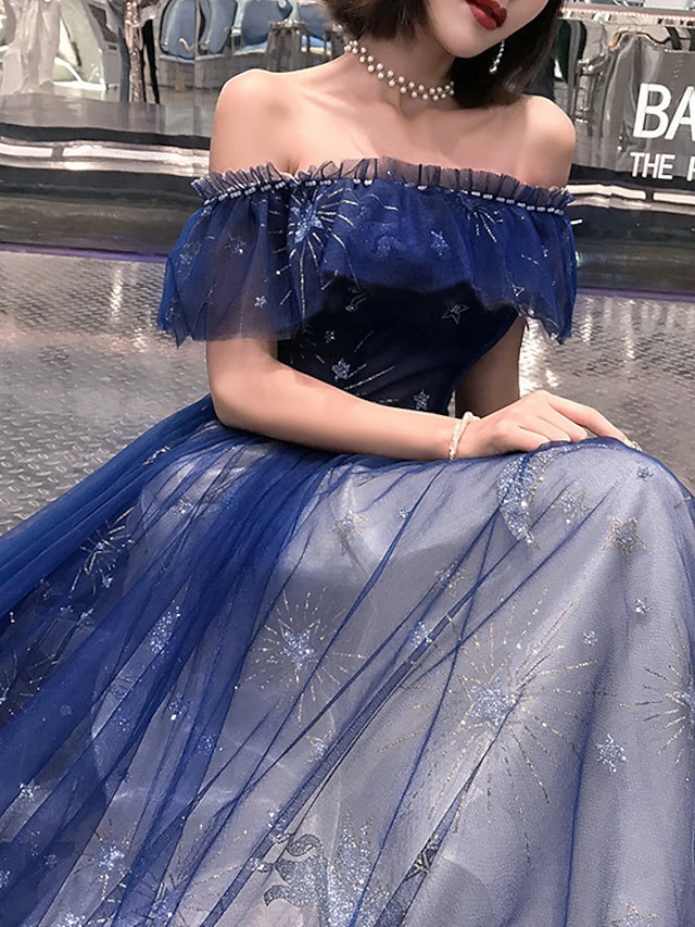 a-line floor-length wedding guest dress prom dress off-the-shoulder short sleeves tulle elegant, supplier image 9