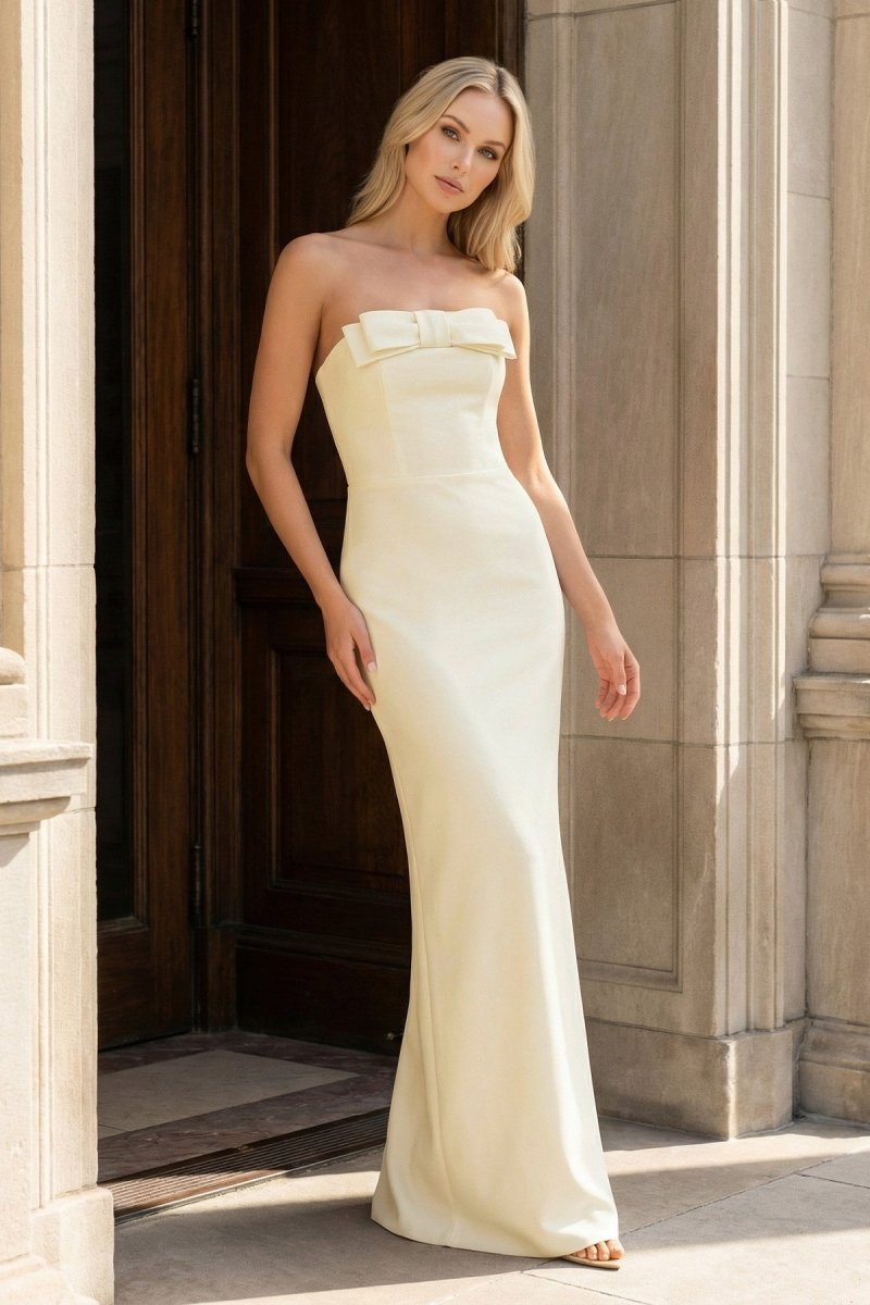 Yellow Strapless Sheath Satin Long Formal Prom Dresses With Bow in Daffodil, US2