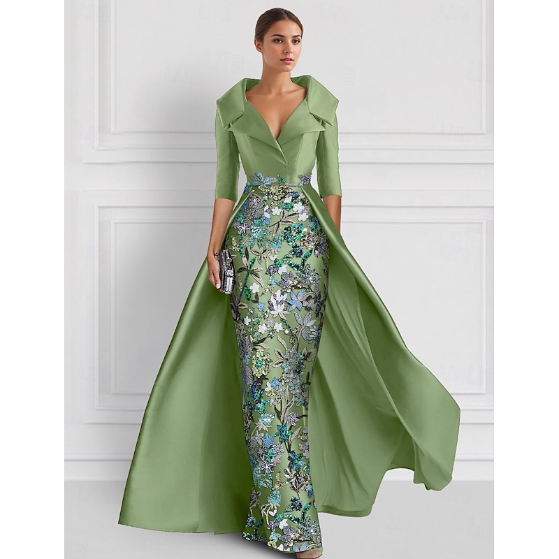 Beaded Eembroidered Ball Gown A-Line Evening Gown Mother of the Bride Dress Formal Dress Elegant Wedding Floor Length Half Sleeve Shirt Collar Satin with Slit Appliques