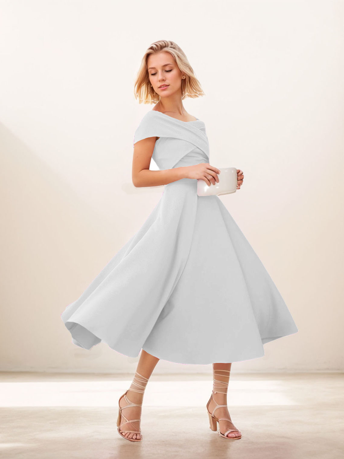 A-Line Homecoming Dress Tea Length Off Shoulder Ruched Stretch Fabric 