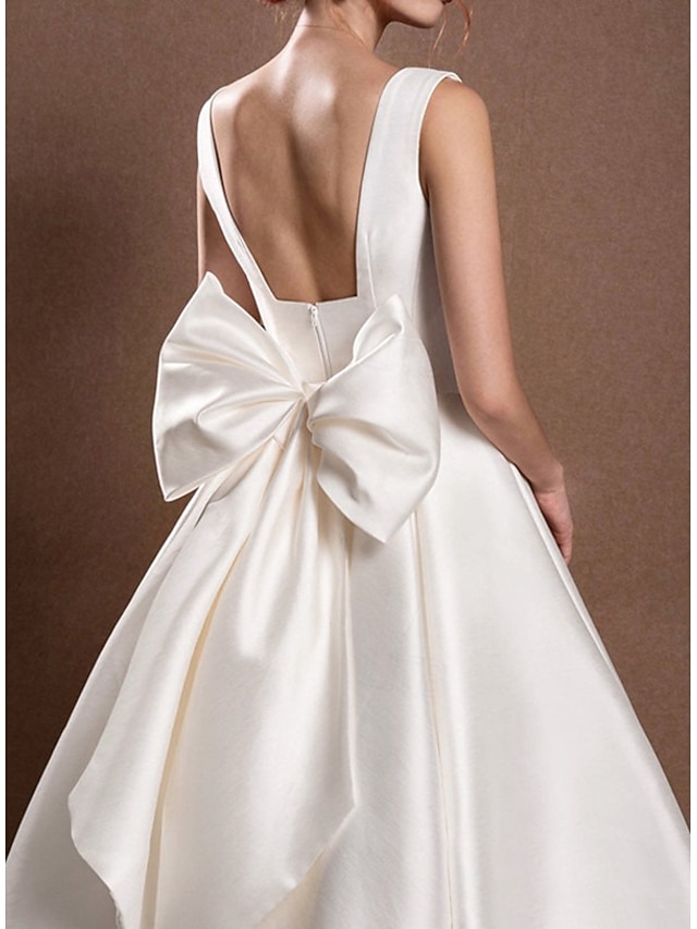 a-line ankle-length little white dress wedding dress square neck satin, supplier image 8