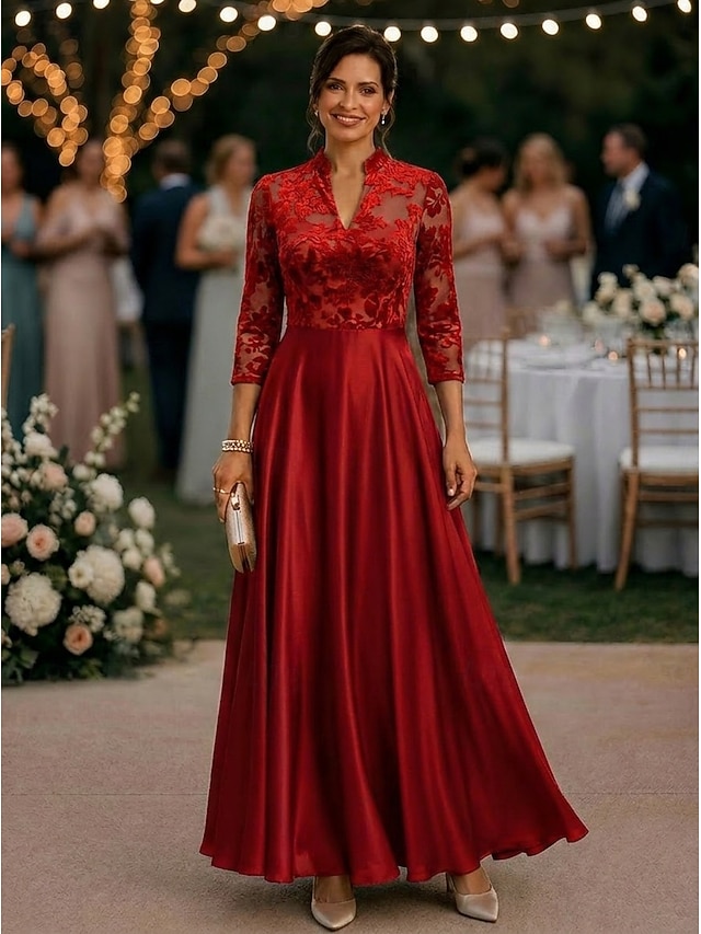 a-line ankle length mother of the bride dresses 3/4 length sleeve v neck elegant vintage luxurious satin tulle with pleats, supplier image 5
