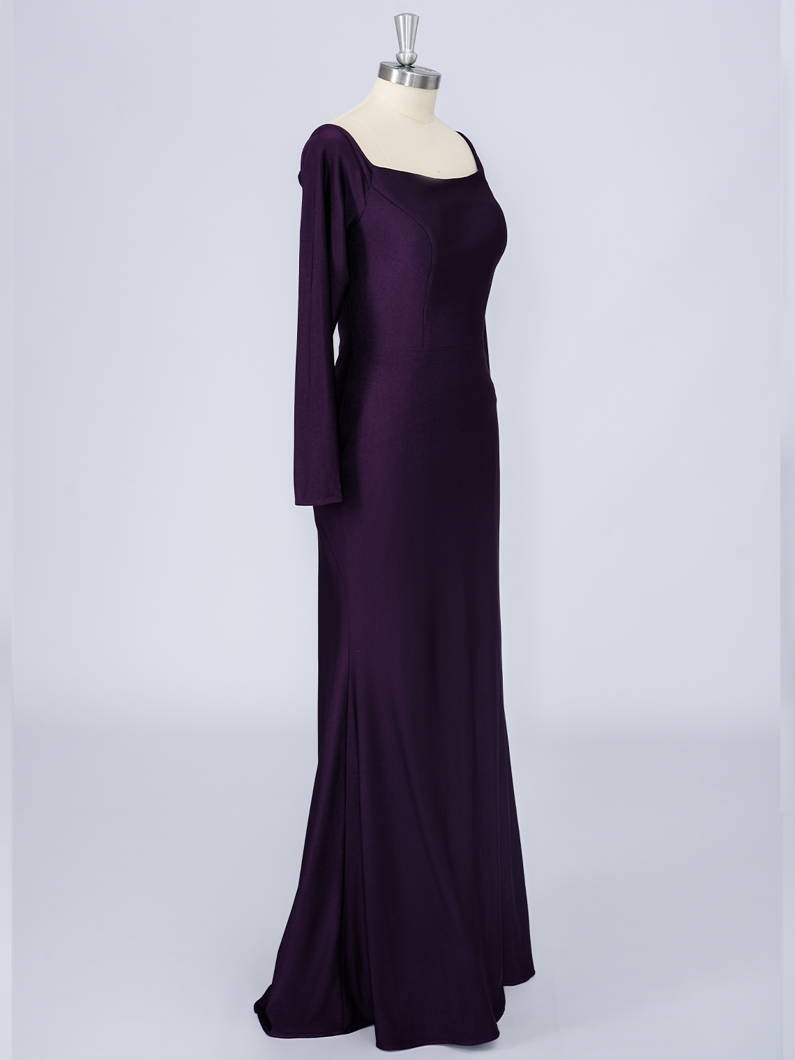 Grape Mermaid Satin Square Neck Long Sleeves Solid Color Prom Dress