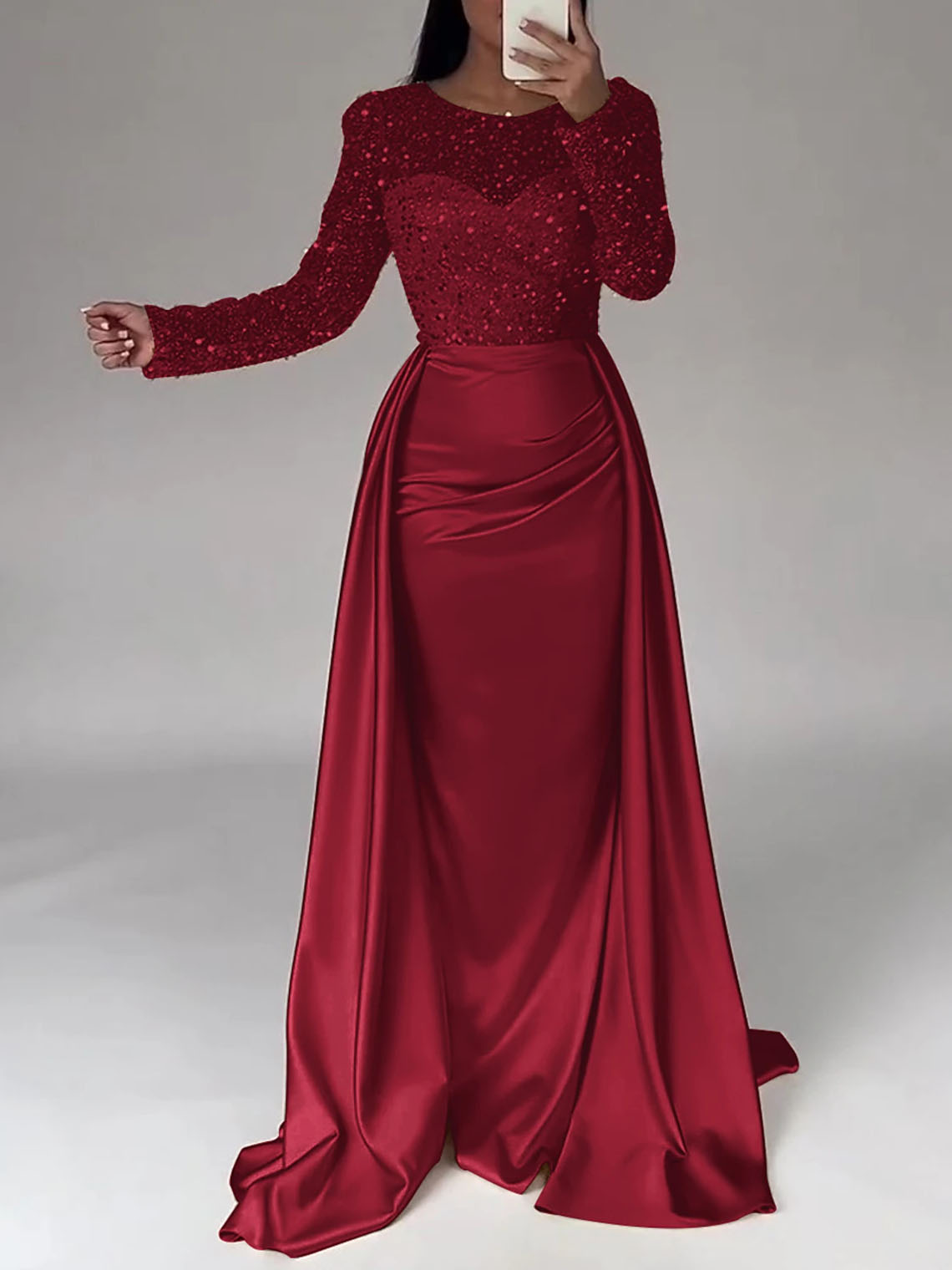 Mermaid Sequin Satin Long Sleeves with Pearls Long Evening Dress