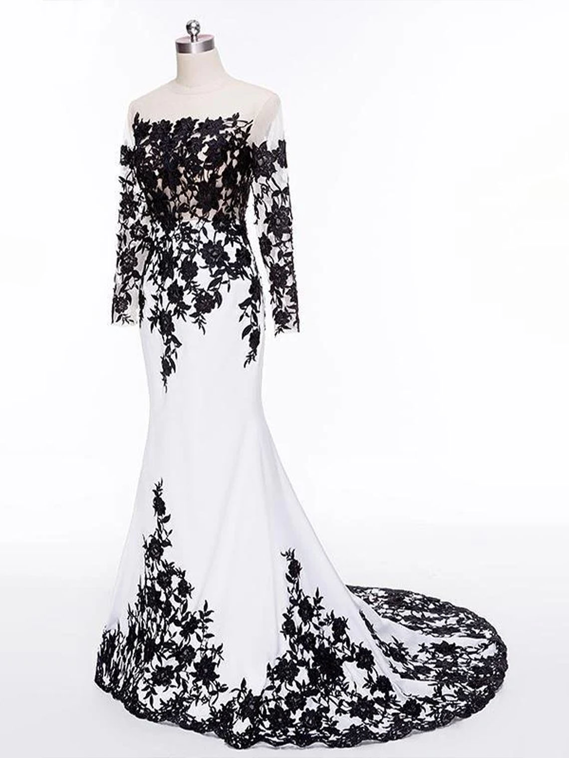 Mermaid Satin White Black Lace Long Sleeves With Appliques Prom Dress