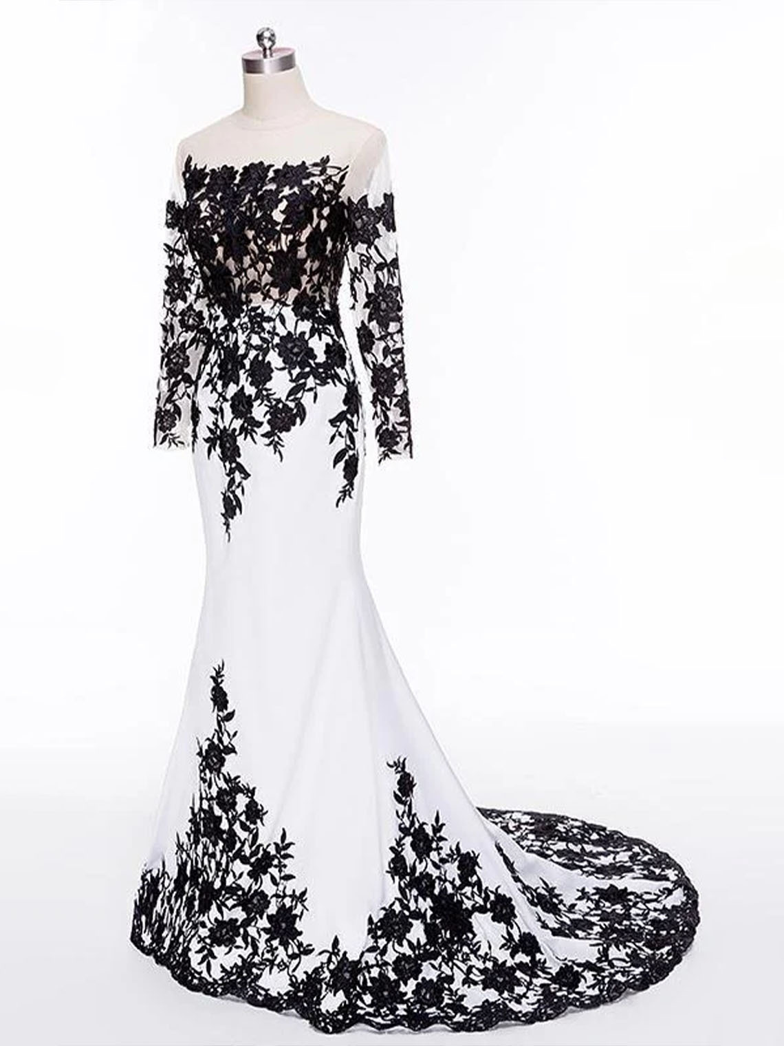 Mermaid Satin White Black Lace Long Sleeves With Appliques Prom Dress