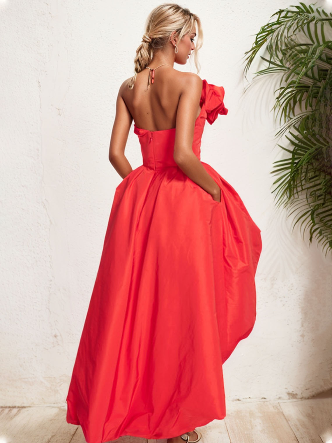 A Line Strapless Asymmetrical with Shouder Flower Party Dress