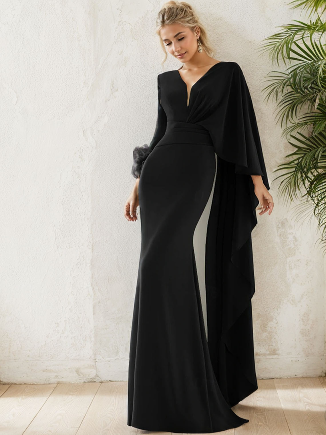 Mermaid Chiffon V Neck Long Sleeve with Feather Ruffles Evening Dress