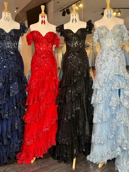 Dress Sexy A-Line Off the Shoulder Long Lace Slit Lace-up Back Prom Dress 