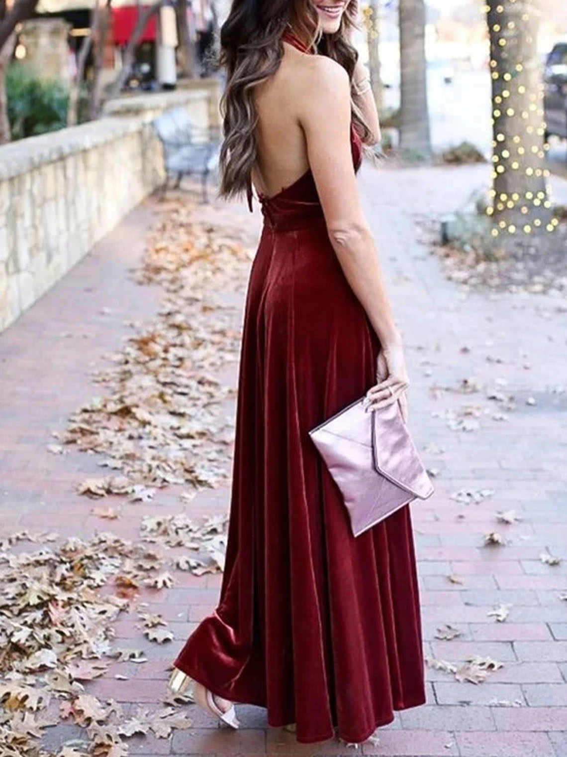 Elegant A Line Velvet  Halter Neck Floor Length Bridesmaid Dresses