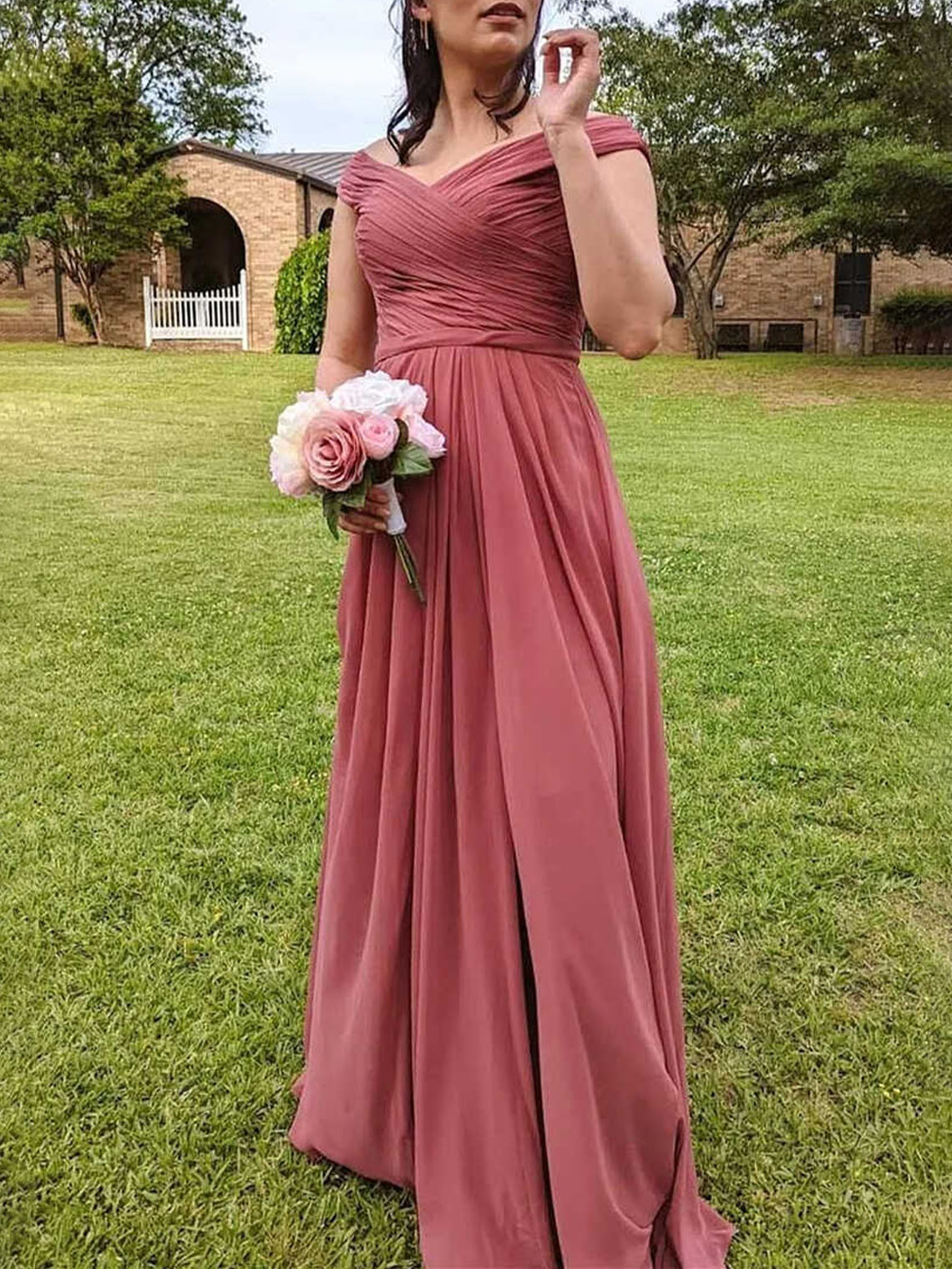 A Line Blush Chiffon Off the Shoulder With Slit Long Bridesmaid Dress