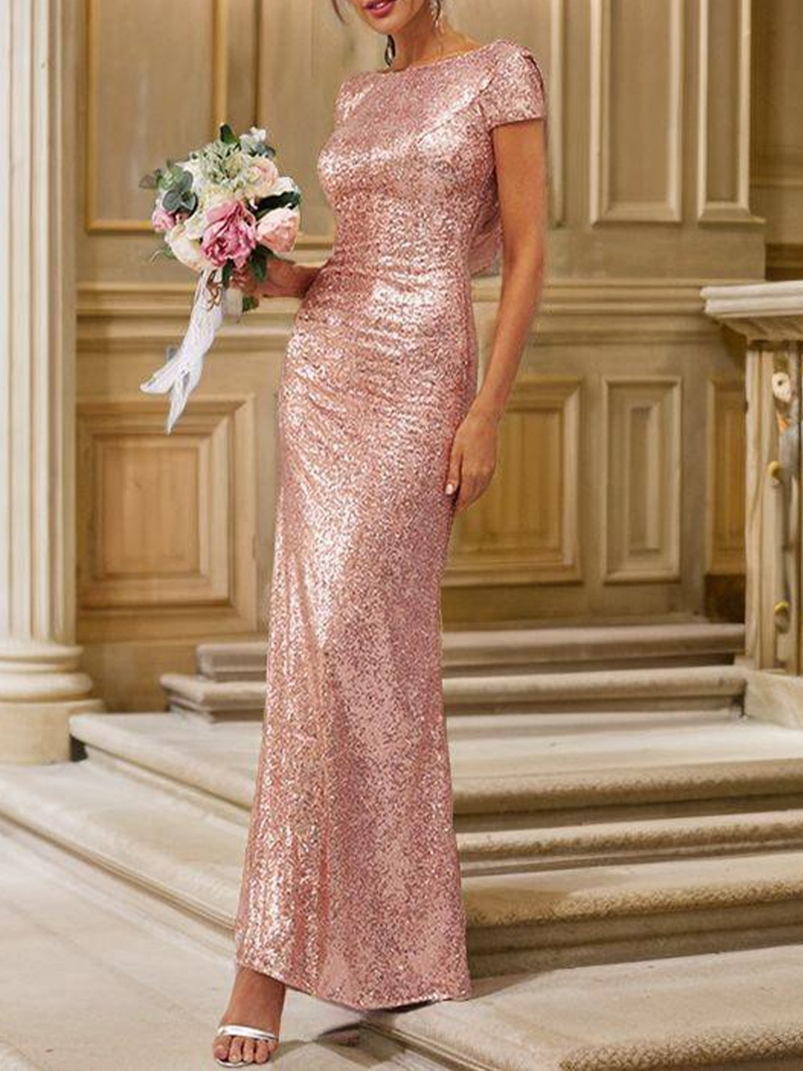 Sheath Sequins Scoop Neck Short Sleeves Long Bridesmaid Dresses