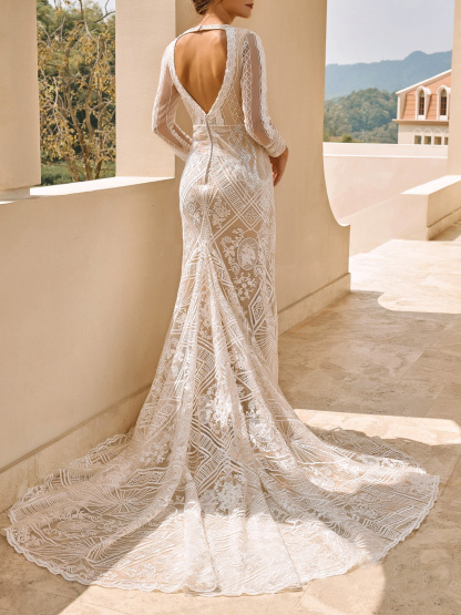 Dresses Mermaid Tulle  V Neck Long Sleeve With Sequins Wedding Dresseseses 