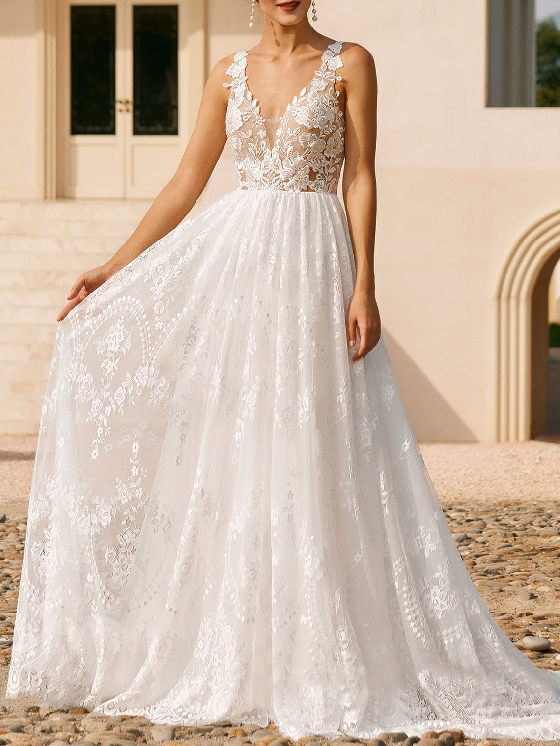  A line V Neck Sleeveless Court Train Ivory Lace Wedding Dresses